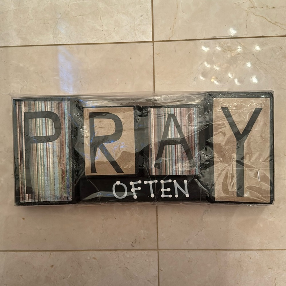 PRAY OFTEN LOVE MORE Rustic Screen Print Painted Wooden Block Art $50 NIP